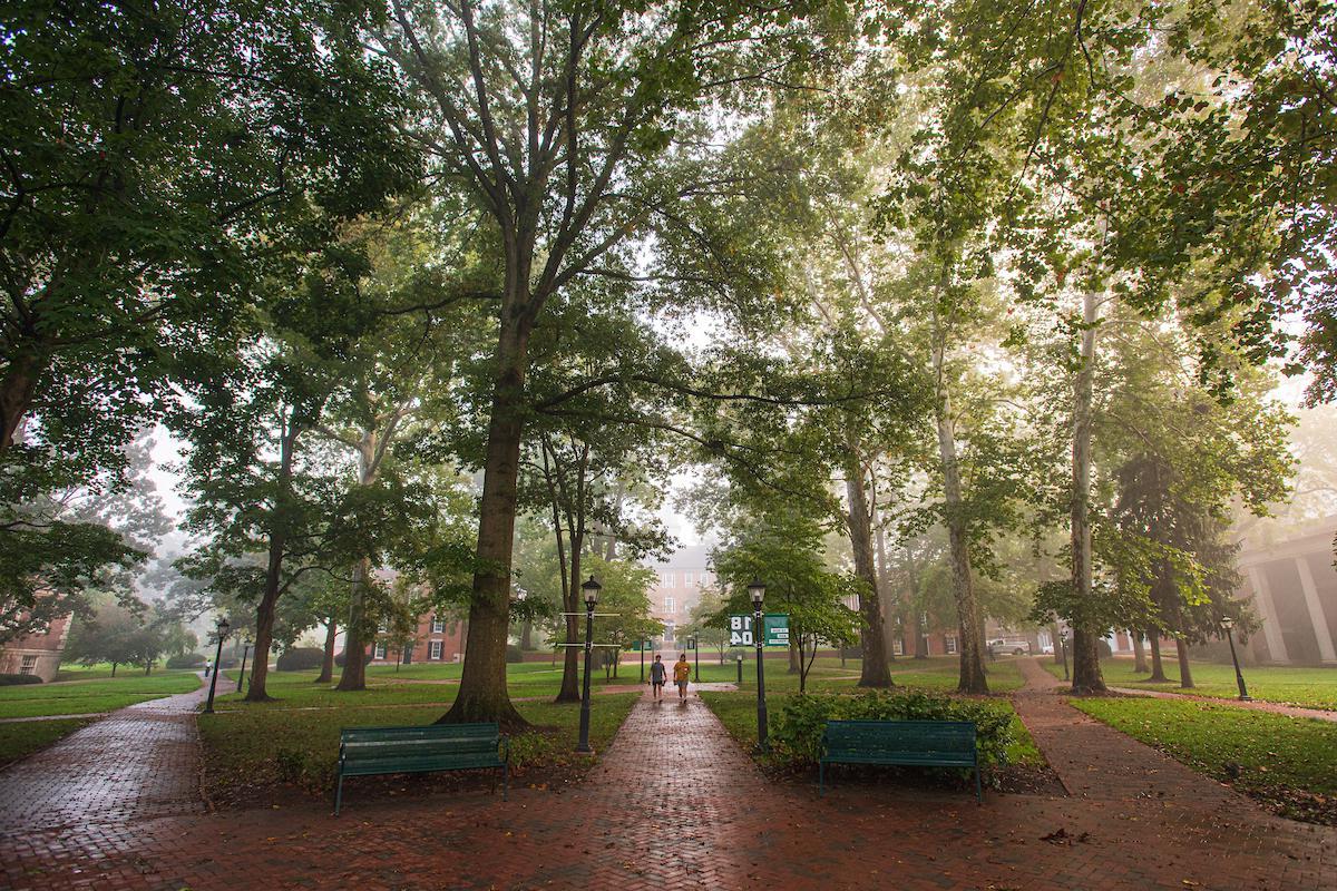College Green on Ohio University's Athens campus, with fog in the background